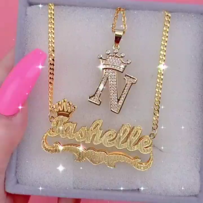 Crown Double Layer Name Necklace And Initial Necklace Personalized Custom Gold Plated Set-silviax