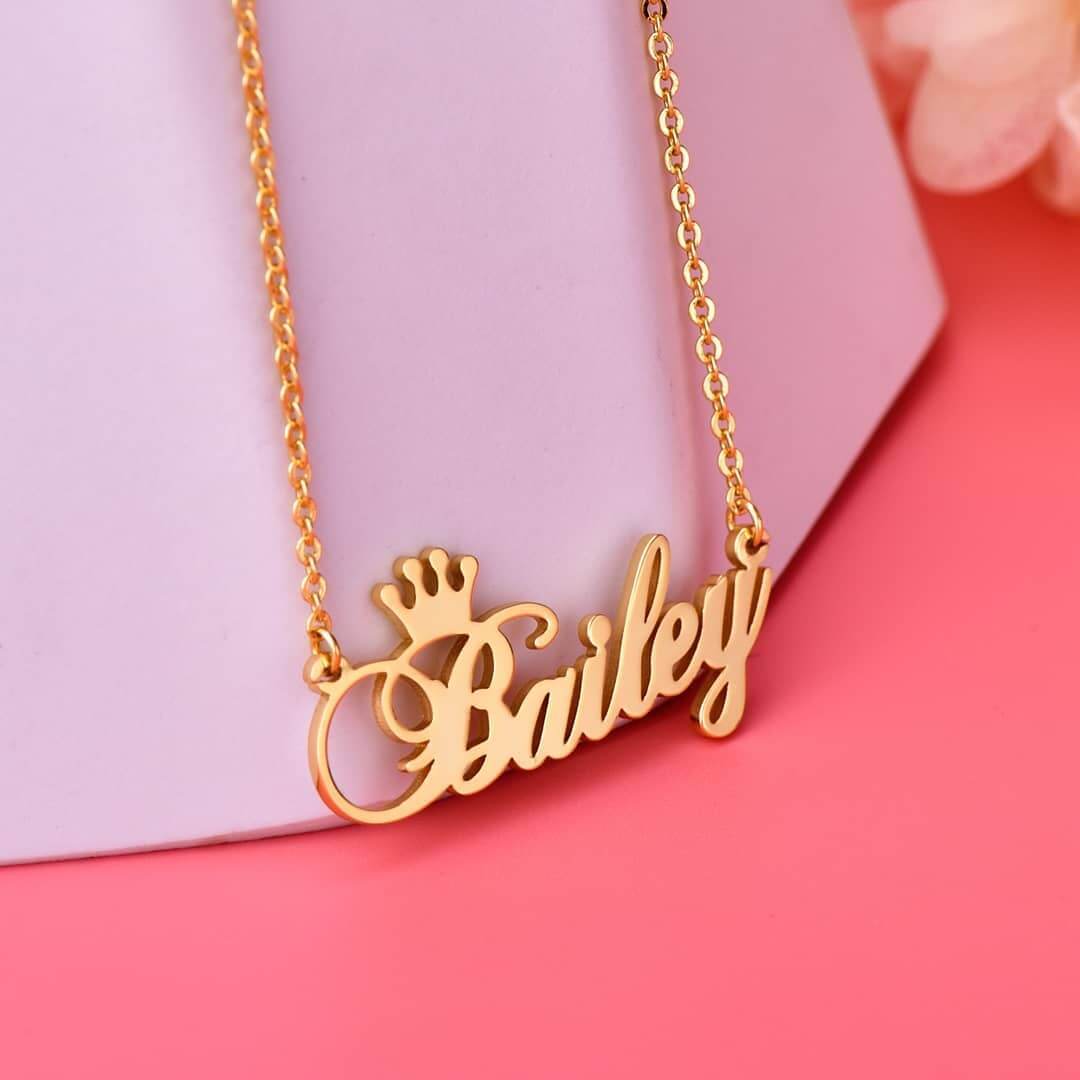 Crown Engraved Personalized Custom Gold Plated Name Necklace
