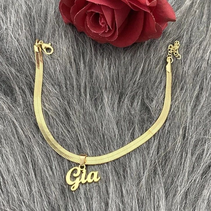 Personalized Gold Plated Herringbone Name Anklets for Women-silviax