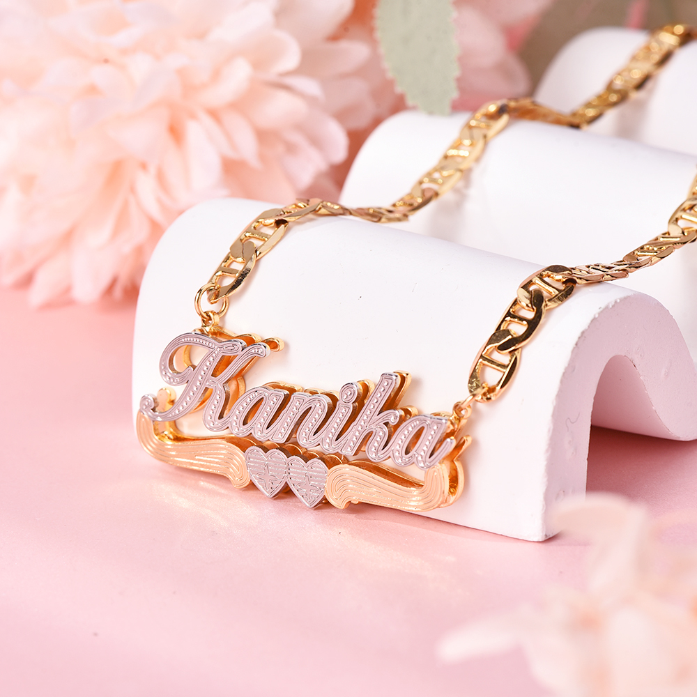 Mariner Chain Two Tone Double Plate Two Heart Personalized 3D Name Necklace-silviax