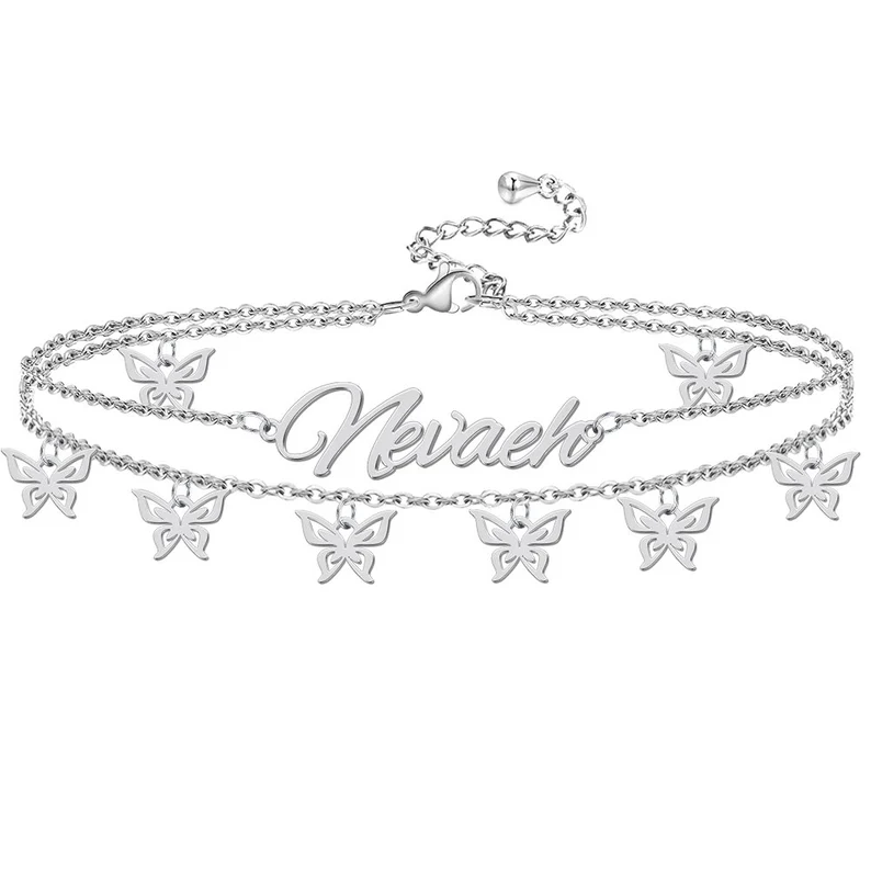Double Layer Custom Personalized Butterfly Pendants Name Anklet-silviax