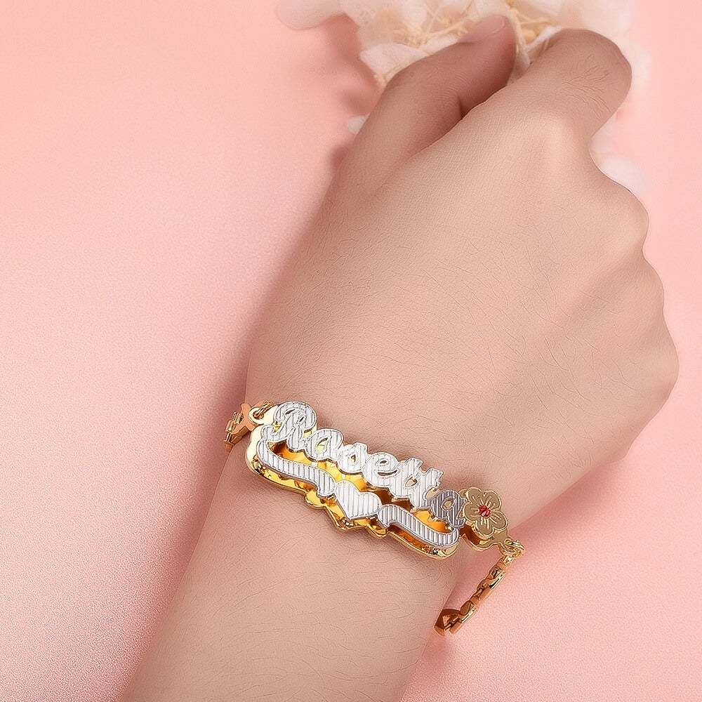Double Plate Two Tone Birthstone Flower and Heart with XOXO Chain Personalized Custom Gold Plated Name Bracelet-silviax