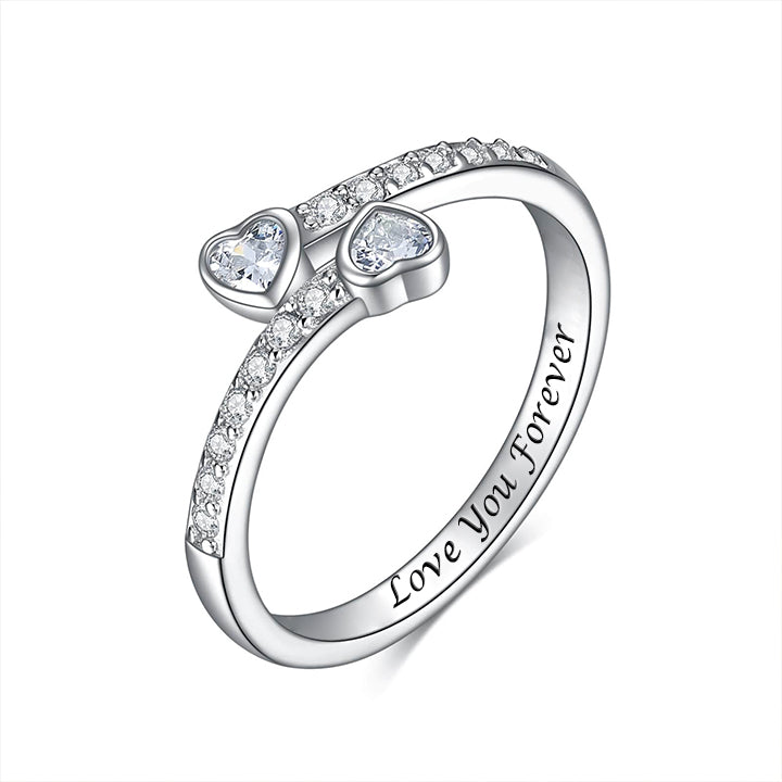 Two Hearts Together Inlaid Zircon Personalized Custom Engraved Ring-silviax