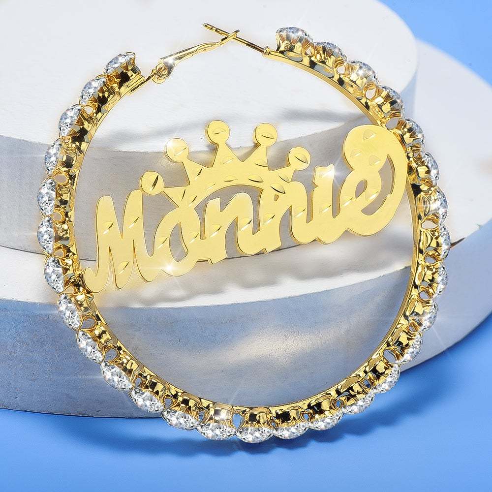 Gold Plated Personalized Hoop Name Earrings with Crown-silviax