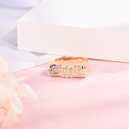 Two Tone Nameplate with Heart Personalized Custom Gold Plated Name Ring-silviax