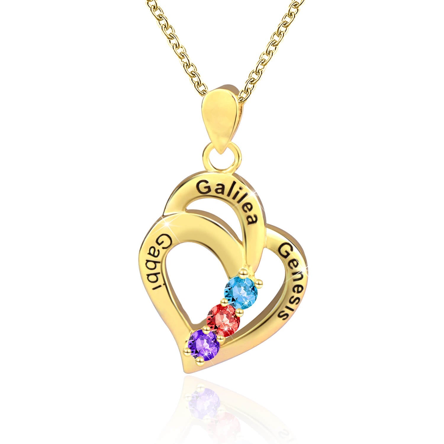 Gold Plated Personalized 3 Names With Birthstones Mothers Heart Necklace-silviax