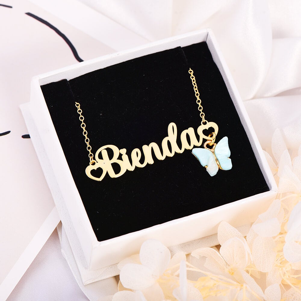 Butterfly Heart Nameplate Pendant Personalized Custom Gold Plated Name Necklace-silviax