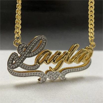 Personalized Double Layer Two Tone with Heart Name Necklace and Heart Shaped Bamboo Earrings Set-silviax