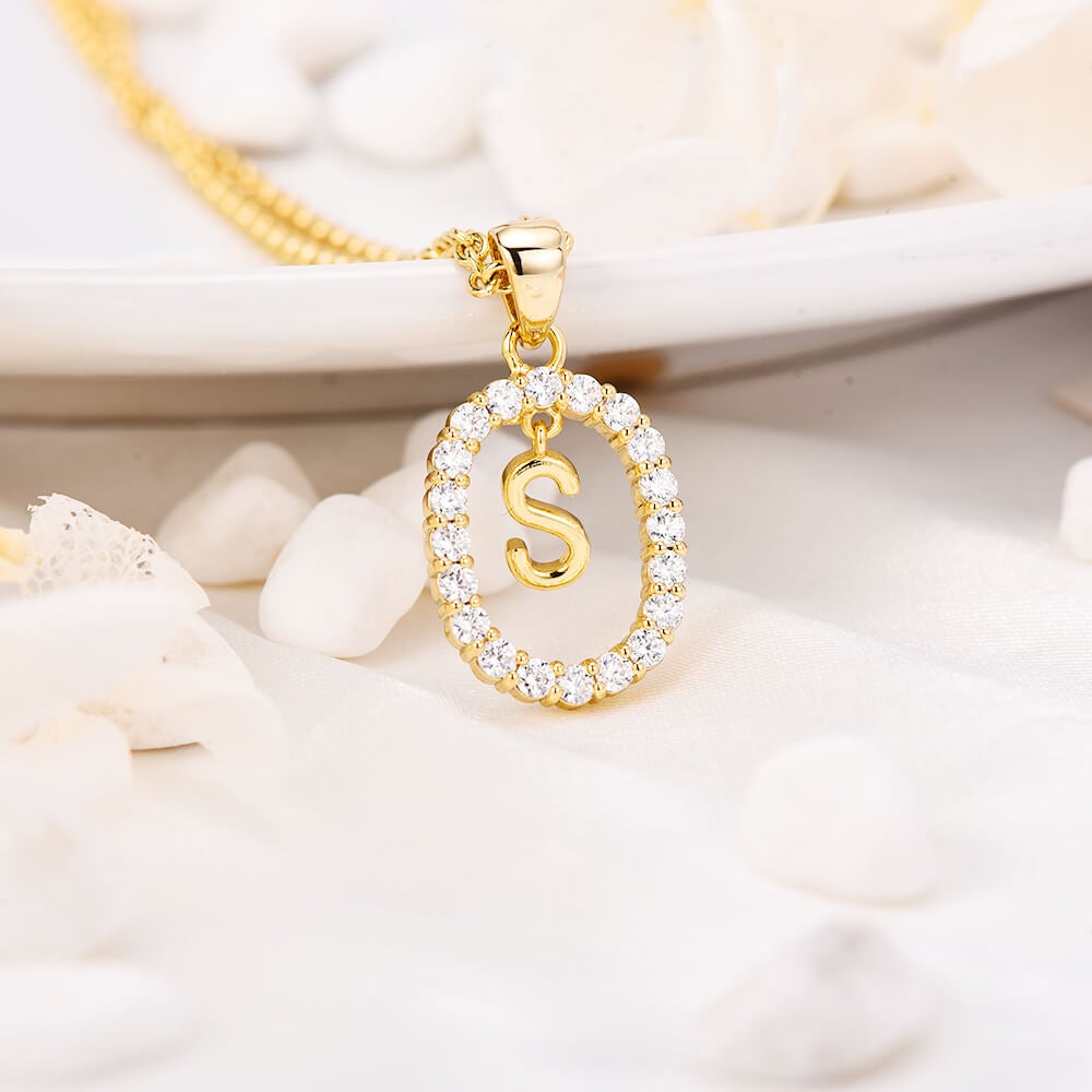 Inlaid White Zircon Circle With Initial Letter Pendant Personalized Custom Gold Plated Initial Necklace-silviax