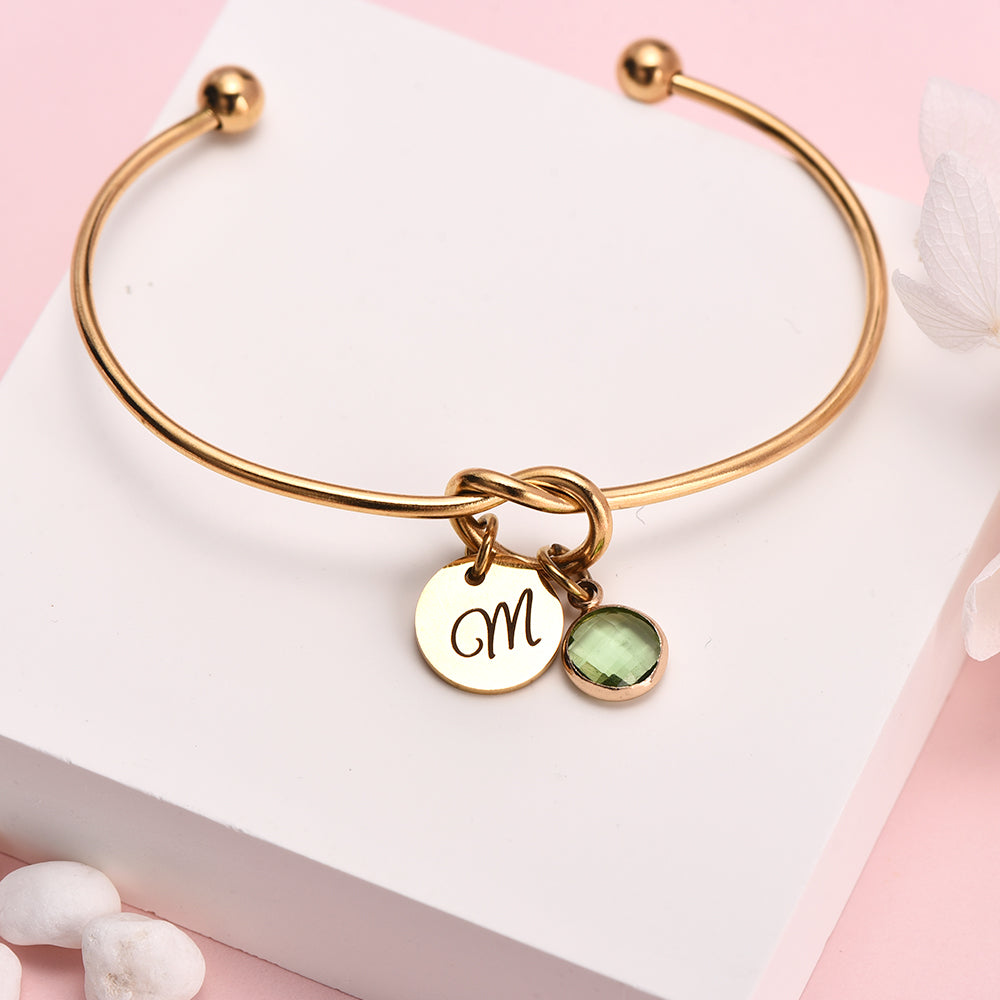 Personalized Birthstone Engraved Letter Name Charm Bangle Bracelet-silviax