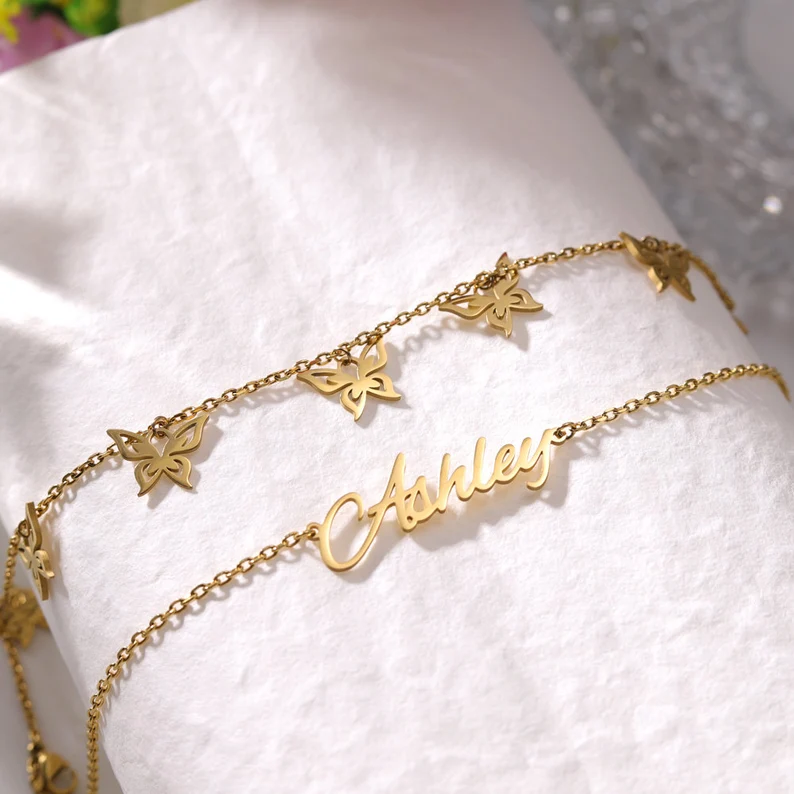 Double Layer Custom Personalized Butterfly Pendants Name Anklet-silviax