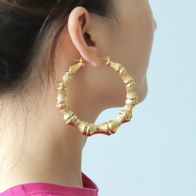 Women's Gold Plated Bamboo Hoop Earrings-silviax