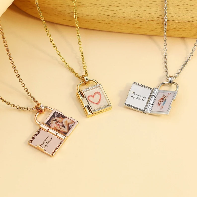 Personalized Custom Gold Plated Heart Photo Book Engraved Necklace Open Locket-silviax