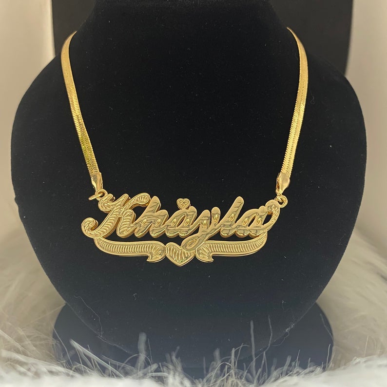 Double Layer Nameplate With Heart Pendant Personalized Custom Gold Plated Name Necklace Snake Chain-silviax