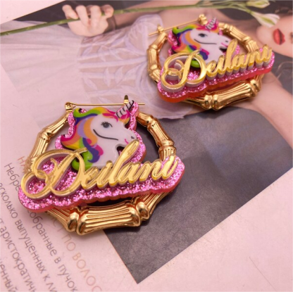 Acrylic Unicorn Nameplate Personalized Gold Plated Bamboo Earrings-silviax