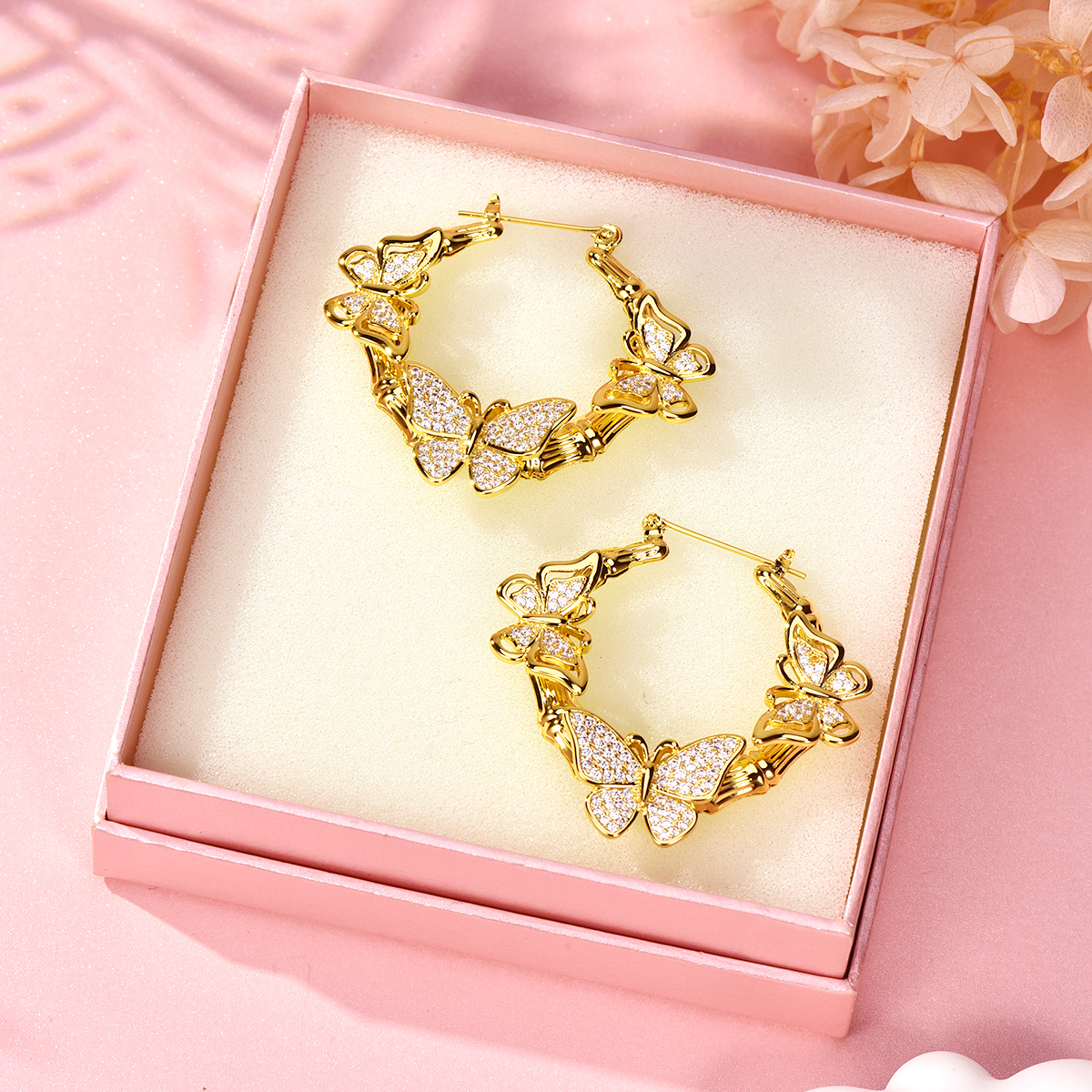 Bamboo Hoop With Butterfly Gold Plated Earrings 30mm/60mm Women Gift-silviax