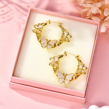 Bamboo Hoop With Butterfly Gold Plated Earrings 30mm/60mm Women Gift-silviax