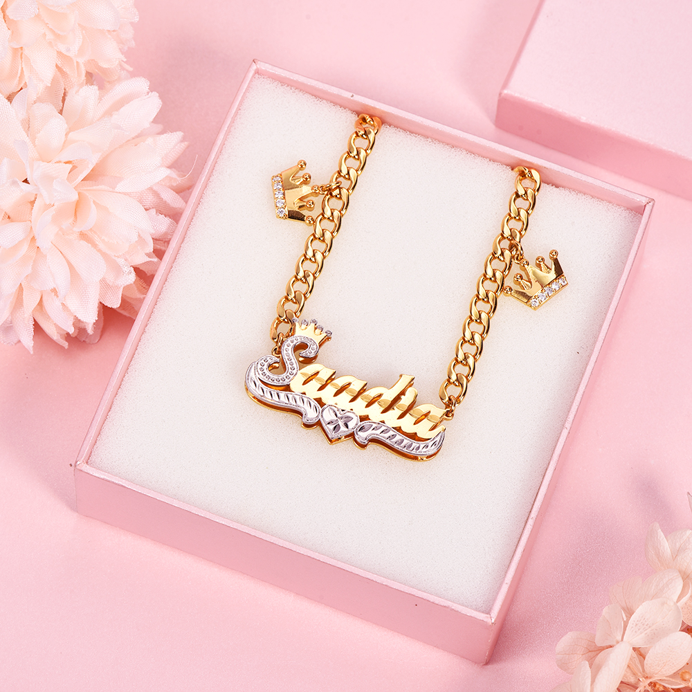 Double Layer Two Tone Crown Heart Cuban Chain With Heart Pendant Personalized Custom Gold Plated Name Necklace-silviax