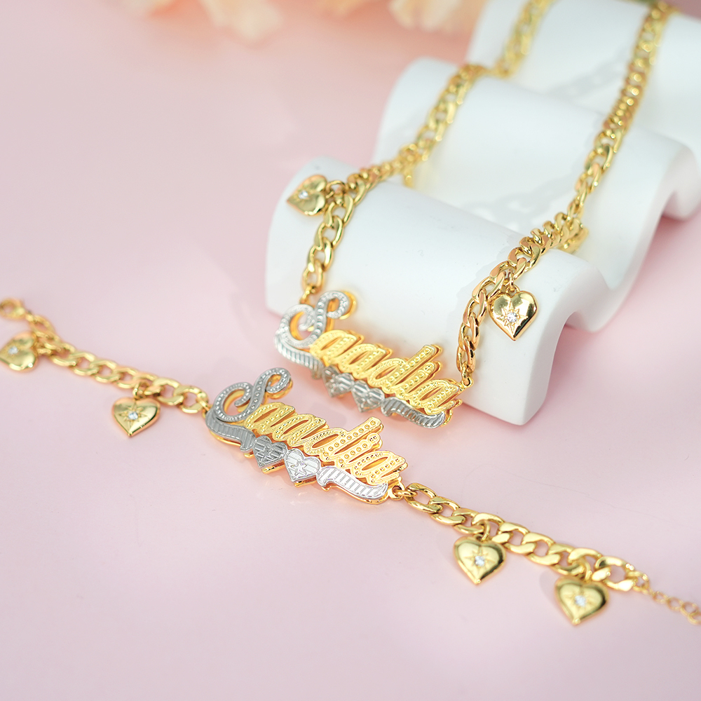 Double Layer Two Tone Two Hearts Nameplate Cuban Chain With Heart Personalized Custom Gold Plated Name Necklace And Bracelet Set-silviax