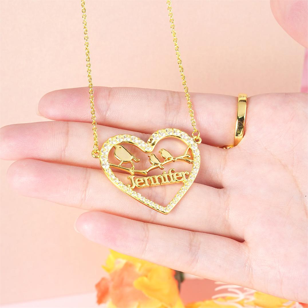 Love Birds Heart Nameplate Pendant Personalized Custom Gold Plated Name Necklace-silviax