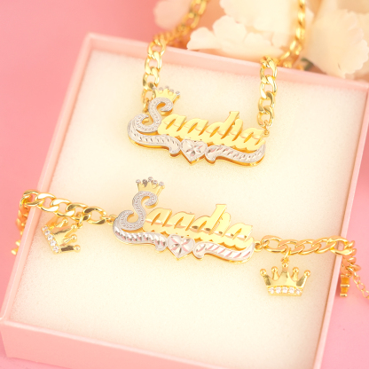 Double Layer Two Tone Crown Heart Nameplate Cuban Chain With Heart Pendants Personalized Custom Gold Plated Name Necklace And Bracelet Set-silviax