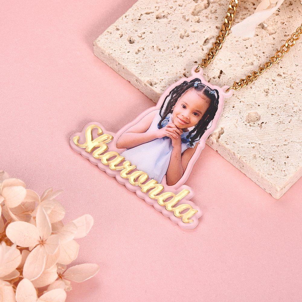Pink Acrylic Portrait Photo with Nameplate Personalized Name Necklace-silviax