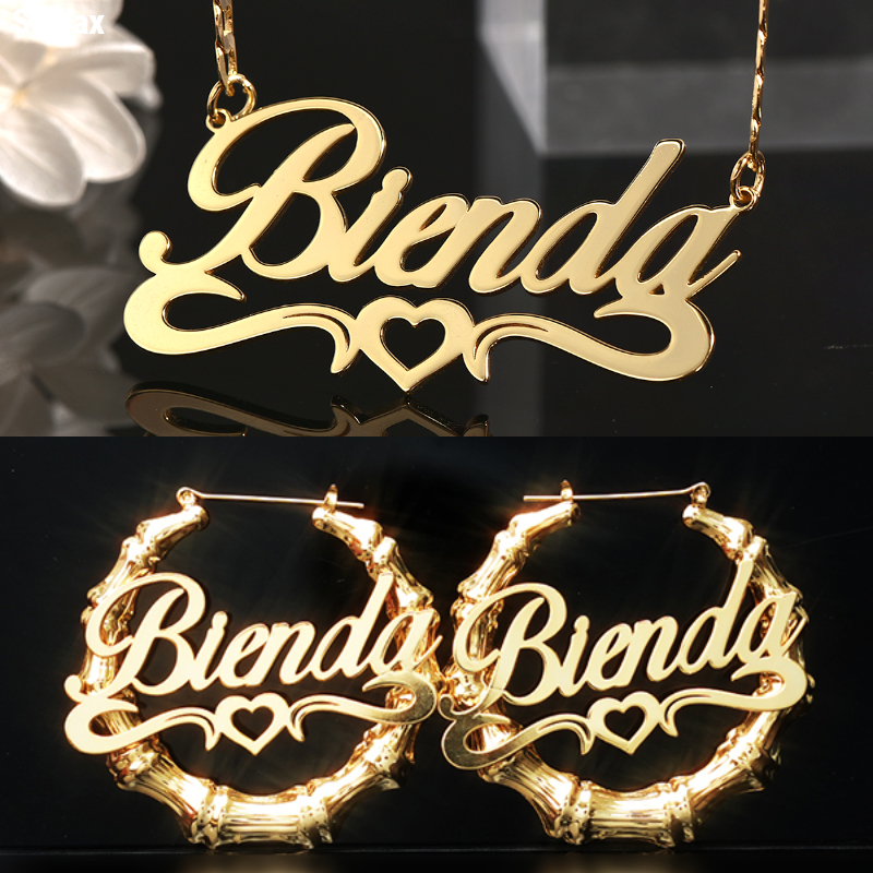 Personalized Double Plated Hollow Heart Name Necklace Bamboo Earrings Set