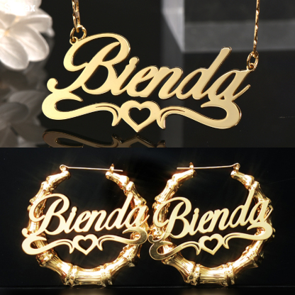 Personalized Double Plated Hollow Heart Name Necklace Bamboo Earrings Set-silviax