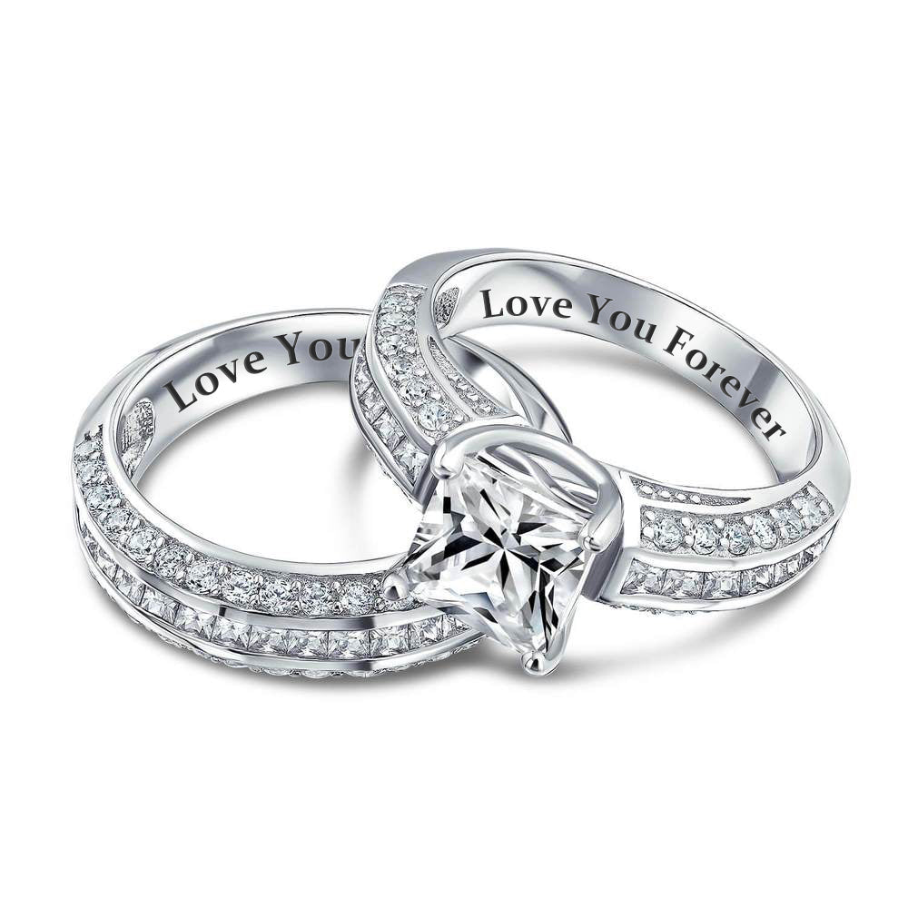 Sterling Silver Radiant Cut CZ Wedding Ring Set with Custom Name-silviax