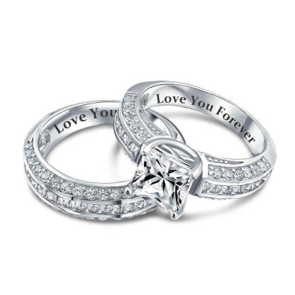 Sterling Silver Radiant Cut CZ Wedding Ring Set with Custom Name-silviax