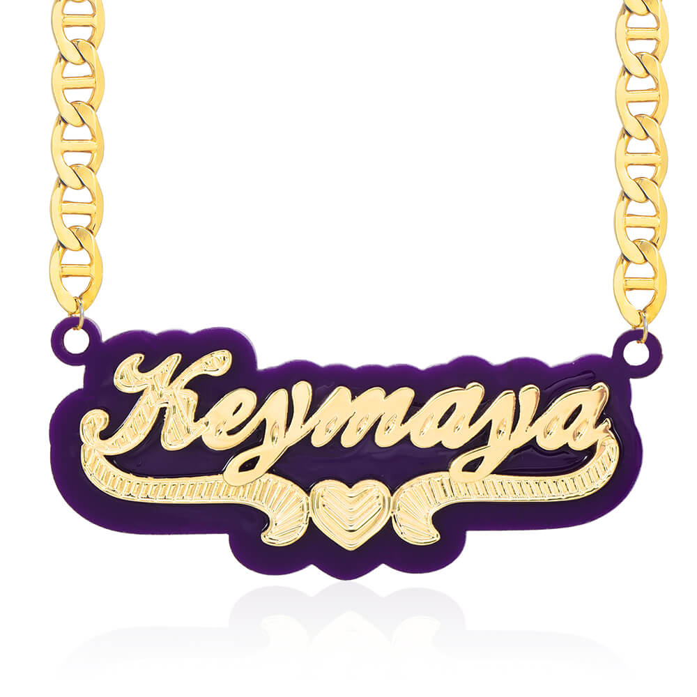 Purple Acrylic with Heart Double Layer Personalized Custom Gold Plated Name Necklace-silviax