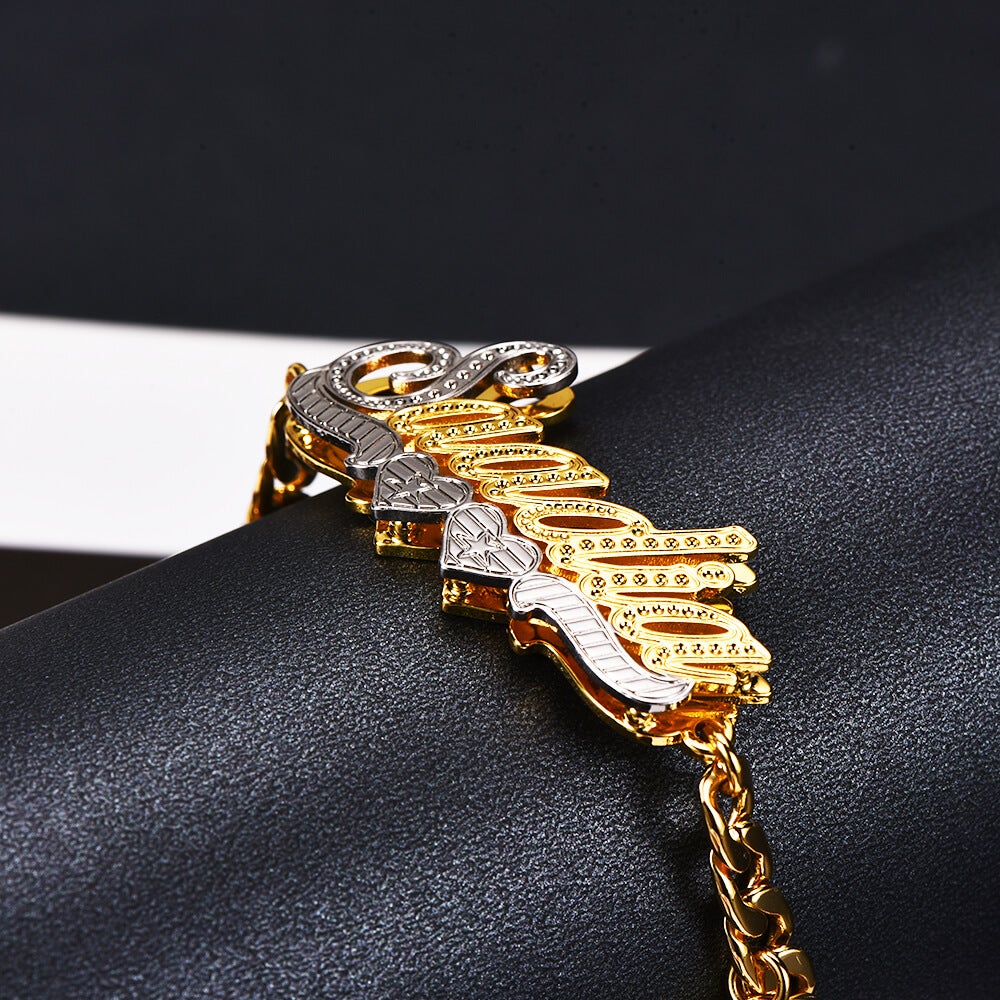 Double Layer Two Tone Two Hearts Nameplate Cuban Chain With Heart Personalized Custom Name Bracelet-silviax