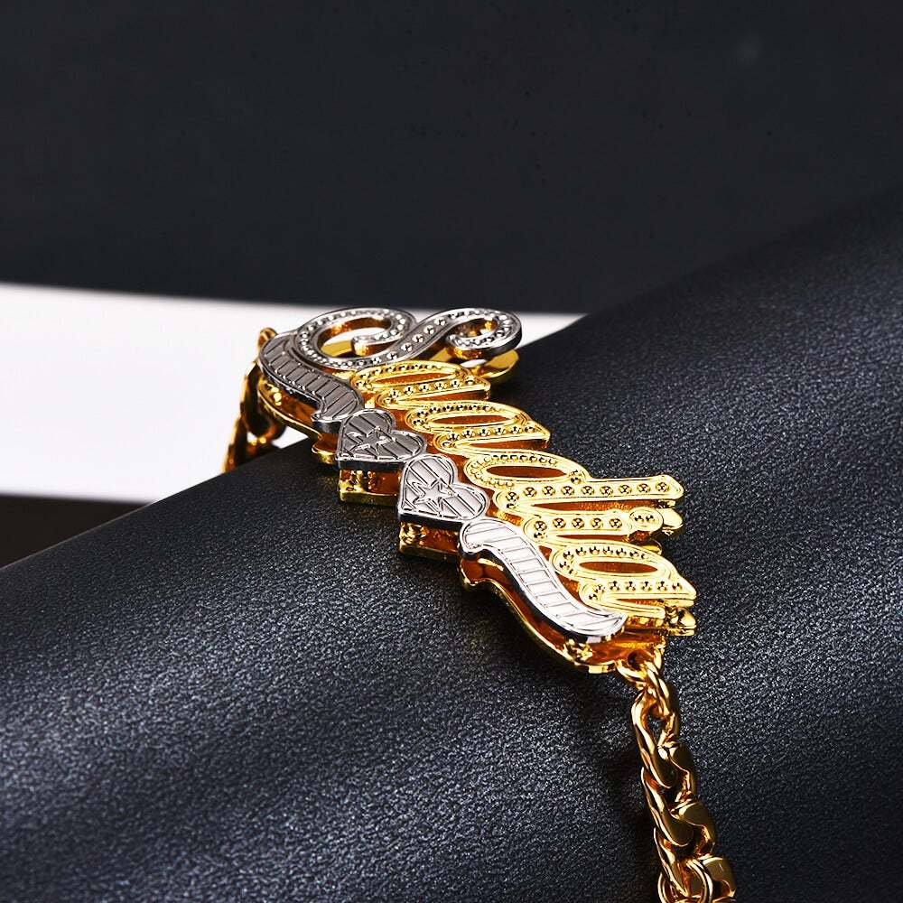 Double Layer Two Tone Two Hearts Nameplate Cuban Chain With Heart Personalized Custom Name Bracelet-silviax