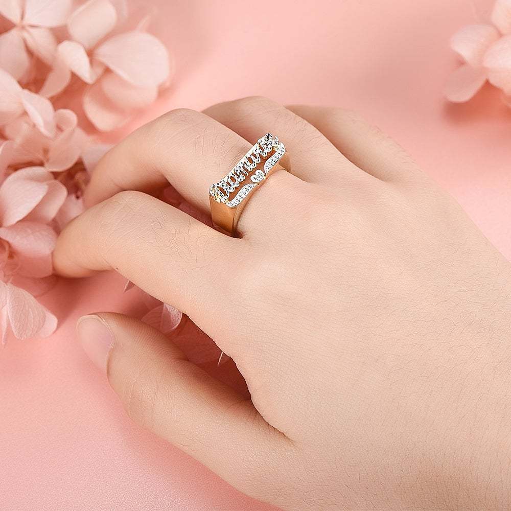 Two-tone Heart Personalized Custom Name Bracelet Ring Earrings and Double Plate Necklace Set-silviax