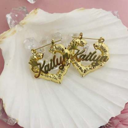 Heart Bamboo Hoop Crown Nameplated Personalized Custom Gold Plated Name Earrings-silviax