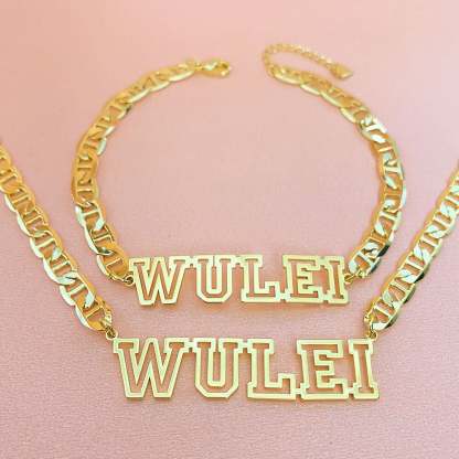 Hollow Letter Name Plate Personalized Custom Gold Plated Name Necklace And Bracelet Set-silviax