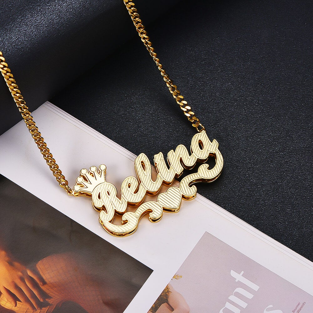 Double Layer Crown Heart Personalized Custom Gold Plated Name Necklace