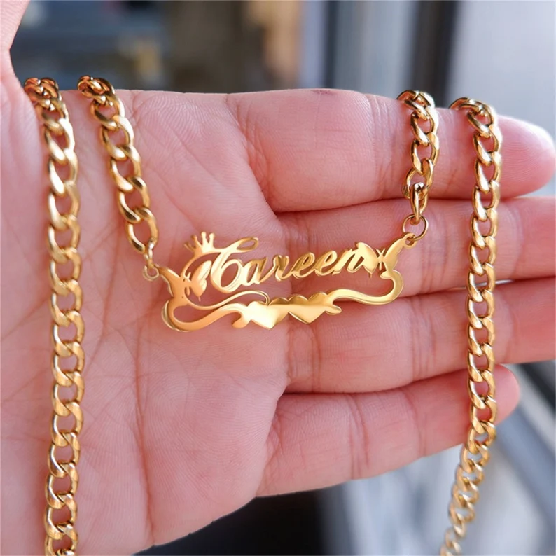 Gold Plated Two Butterfly Double Heart Nameplate with Crown Personalized Custom Name Necklace-silviax