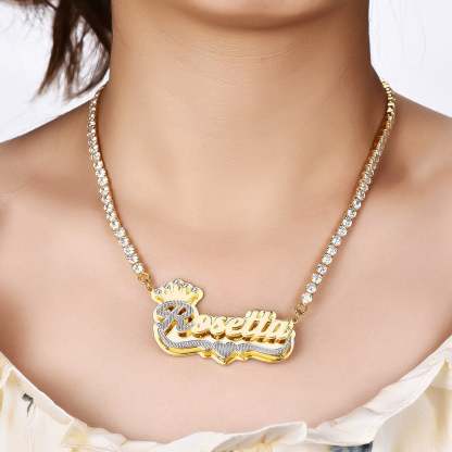 Double Plate Two Tone Crown Heart Nameplate with Tennis Chain Personalized Custom Gold Plated Name Necklace-silviax