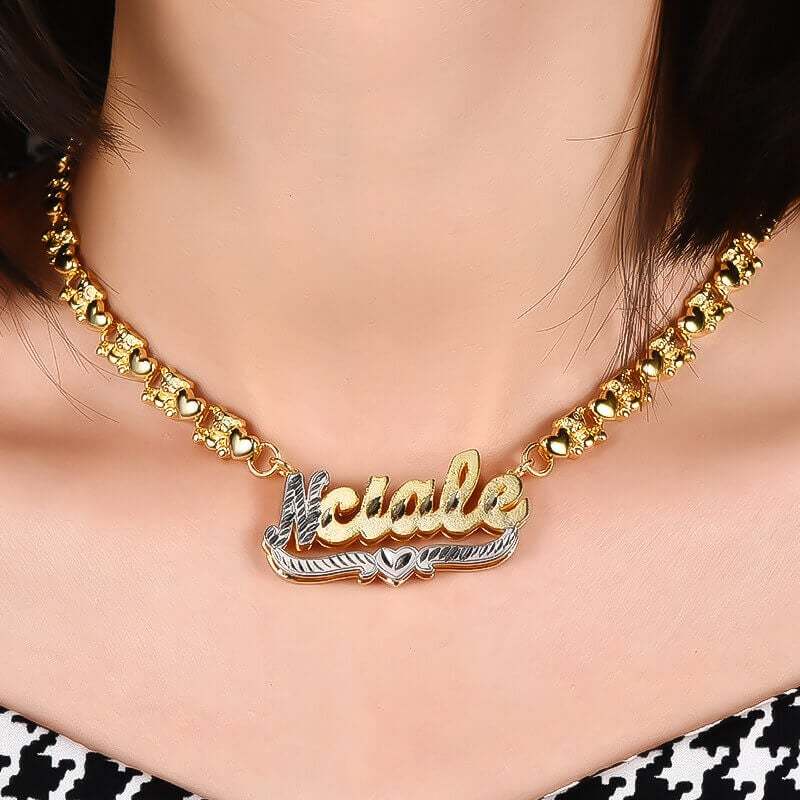 Double Layer Two Tone with Teddy Bear XOXO Chain Heart Personalized Custom Gold Plated Name Necklace-silviax