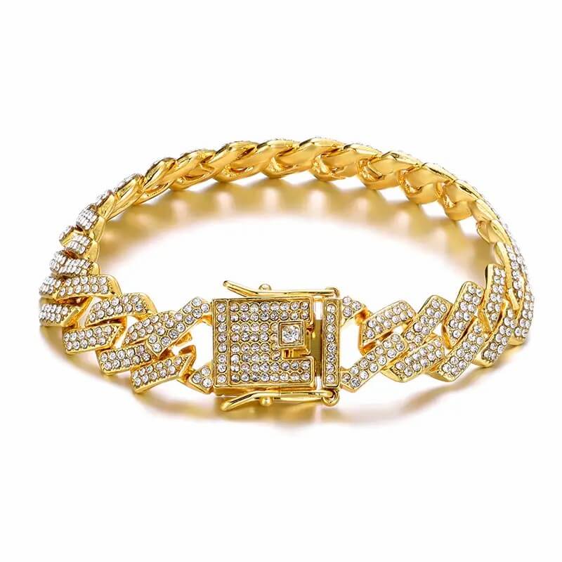 13.5mm Cuban Chain 2 Row Iced Out Bling Rhinestone Zircon Paved Gold Plated Bracelet-silviax