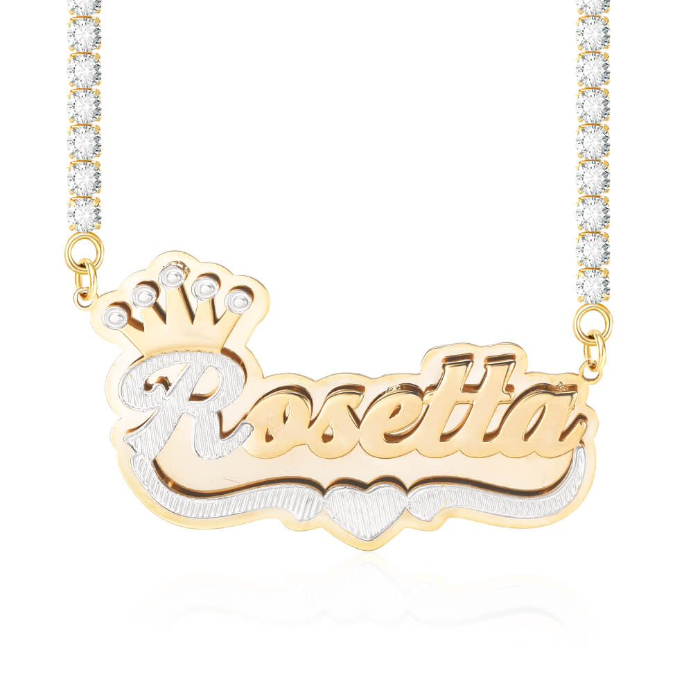 Double Plate Two Tone Crown Heart Nameplate with Tennis Chain Personalized Custom Gold Plated Name Necklace-silviax