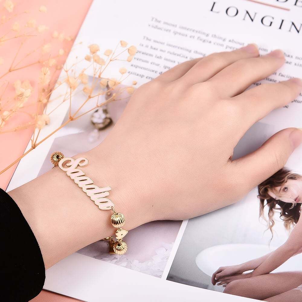 Pink Enamel With Round Beads And Heart Personalized Custom Gold Plated Name Bracelet-silviax