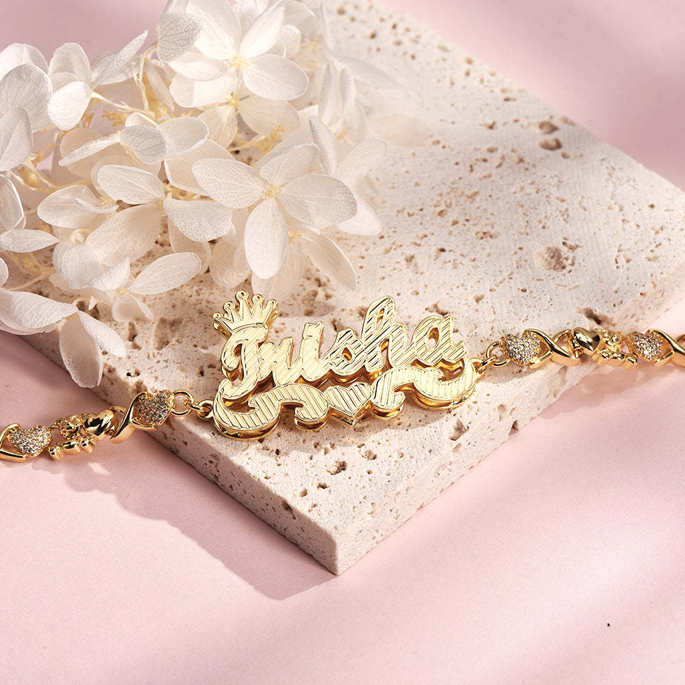 Teddy XOXO Chain Double Layer Crown Heart Personalized Custom Gold Plated Name Bracelet-silviax