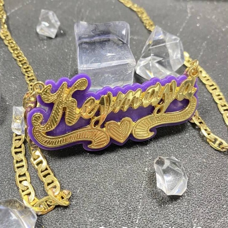 Purple Acrylic with Heart Double Layer Personalized Custom Gold Plated Name Necklace-silviax
