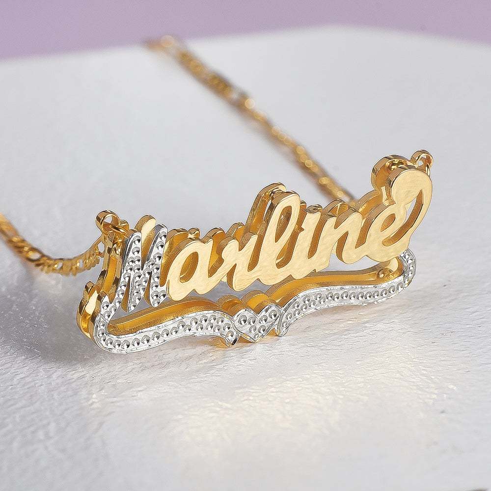 3D Name Necklace Custom Two Color Stainless Steel Double Layer Under Heart Necklace