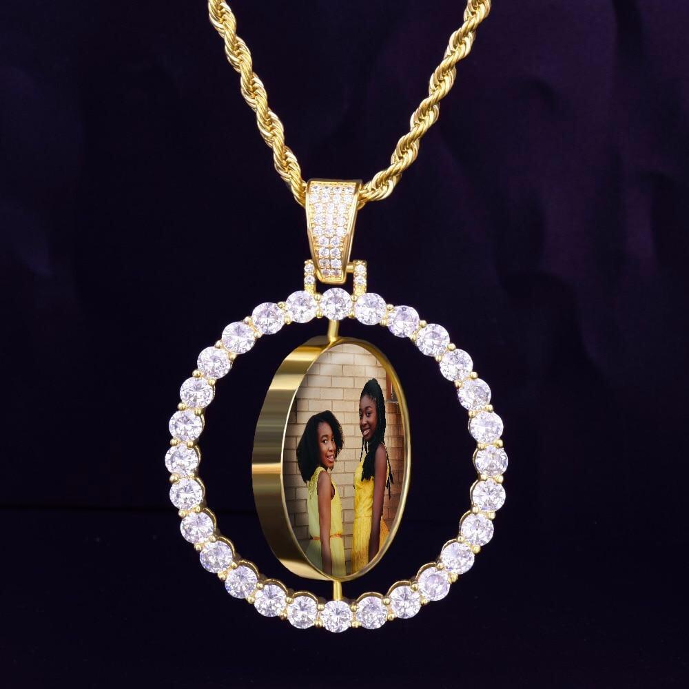 Rotating Double-Sided Round Pendant Gold Plated Personalized Photo Necklace-silviax