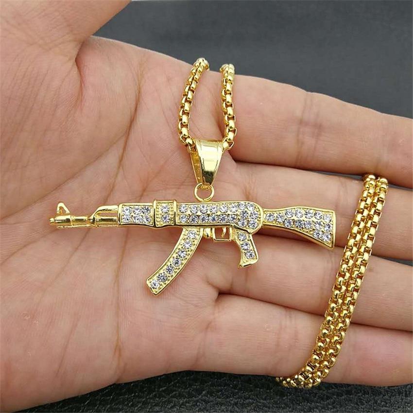 Hip Hop Iced Out Rhinestones Gold Plated AK47 Gun Pendant  Necklace-silviax