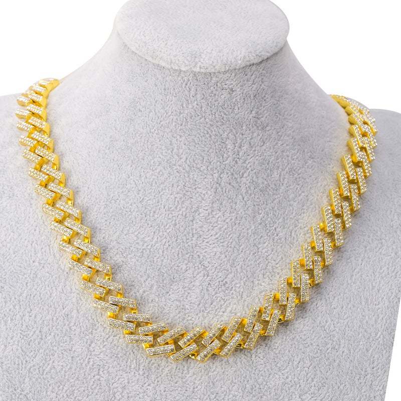 13mm Cuban Link Chain Iced Out Bling Hip Hop Prong Necklace Gold Plated Rhinestone Clasp Jewelry