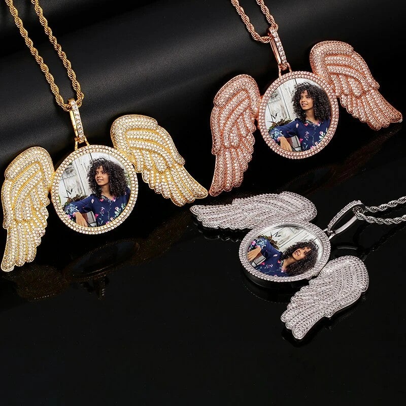Angel Wings Round Pendant Photo Necklace Gold Plated-silviax